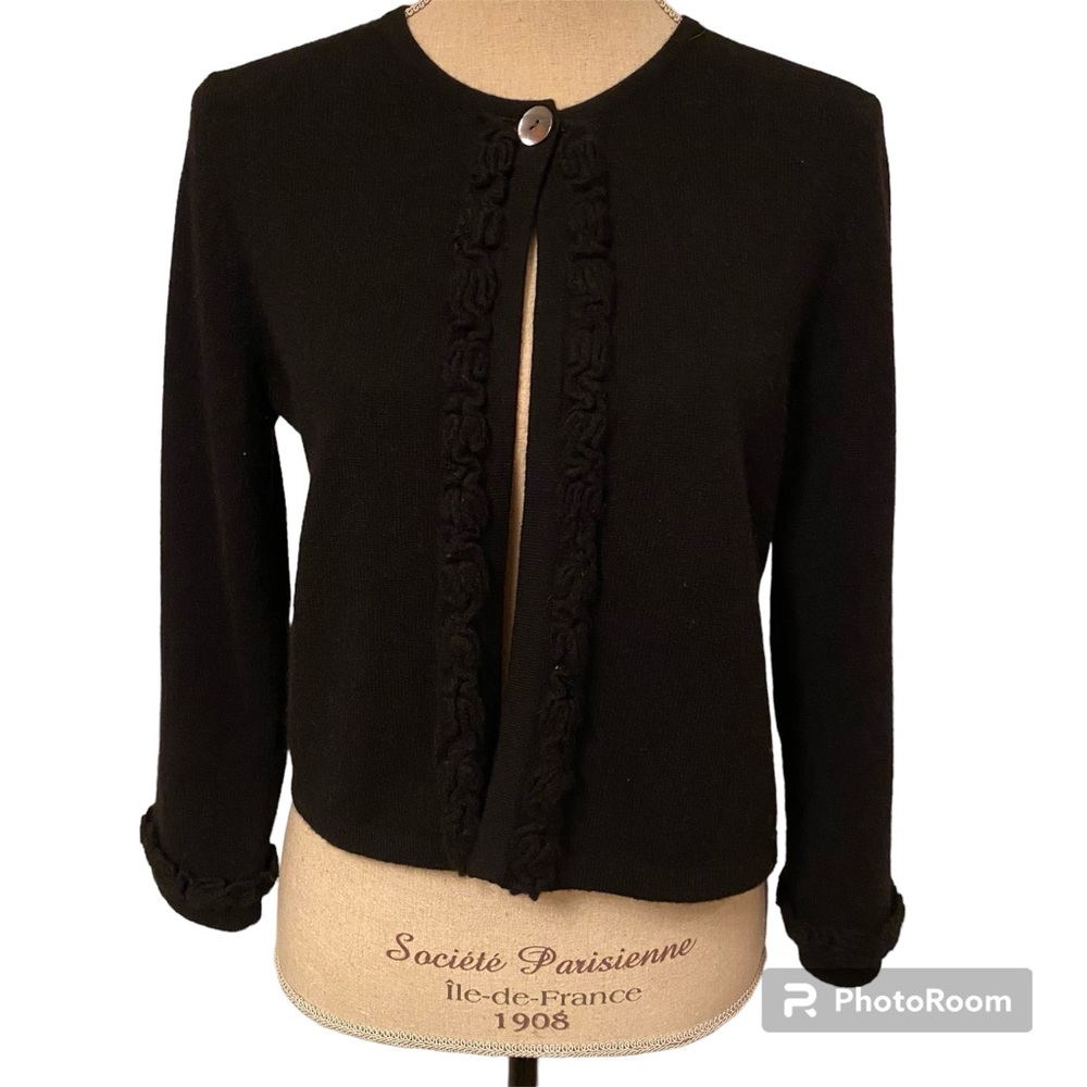 CHARTER CLUB SWEATER CARDIGAN CROPPED BLACK CASHMERE 2PLY RUFFLE TRIM Size M